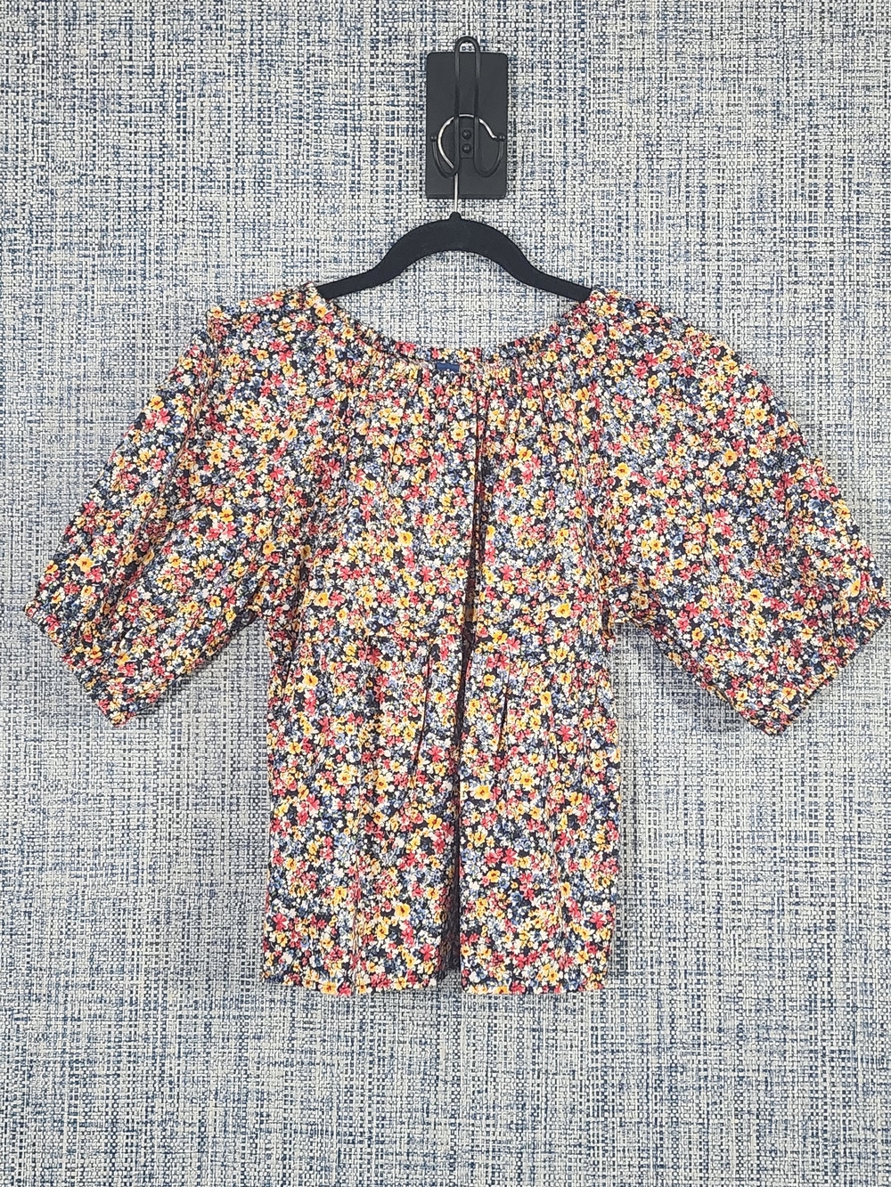 Old Navy Floral Puff Sleeve Babydoll Blouse Women Small Cotton Peplum Top Blue